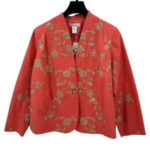 Dressbarn Jacket Blazer 2X 100% Silk Coral Embroiderd Statement Church Office